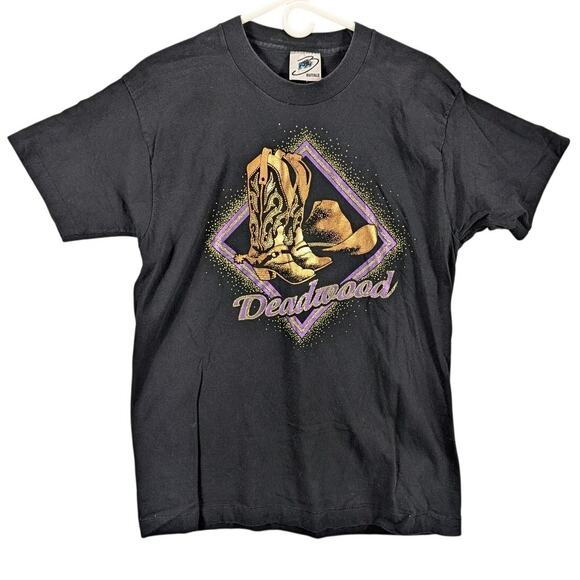 Vintage Deadwood Shirt Mens Large Black Cowboy Boots Hat Western Buffalo USA 90s - Picture 1 of 11